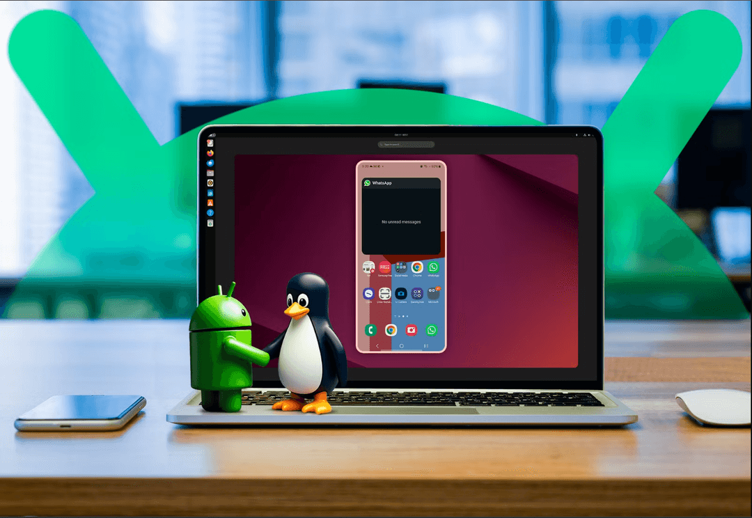 Imagem do boneco da Android apertando a mão do pinguim do Linux